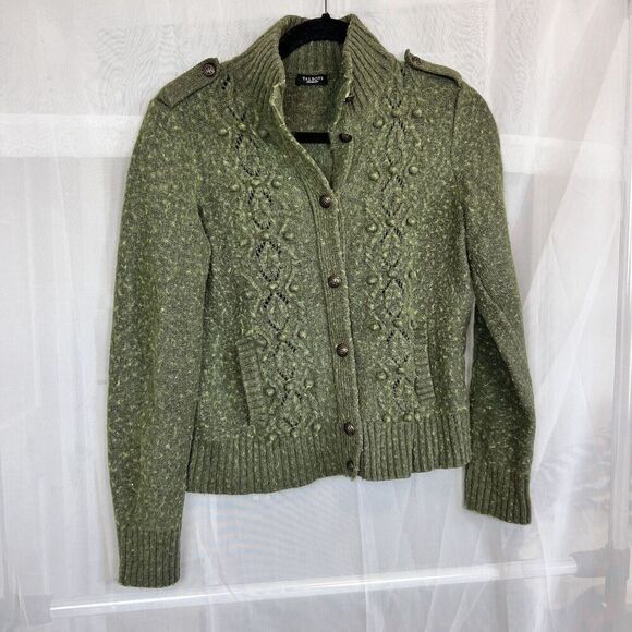 Talbots wool blend button up cardigan pom pom olive green preppy winter collared - Picture 6 of 8